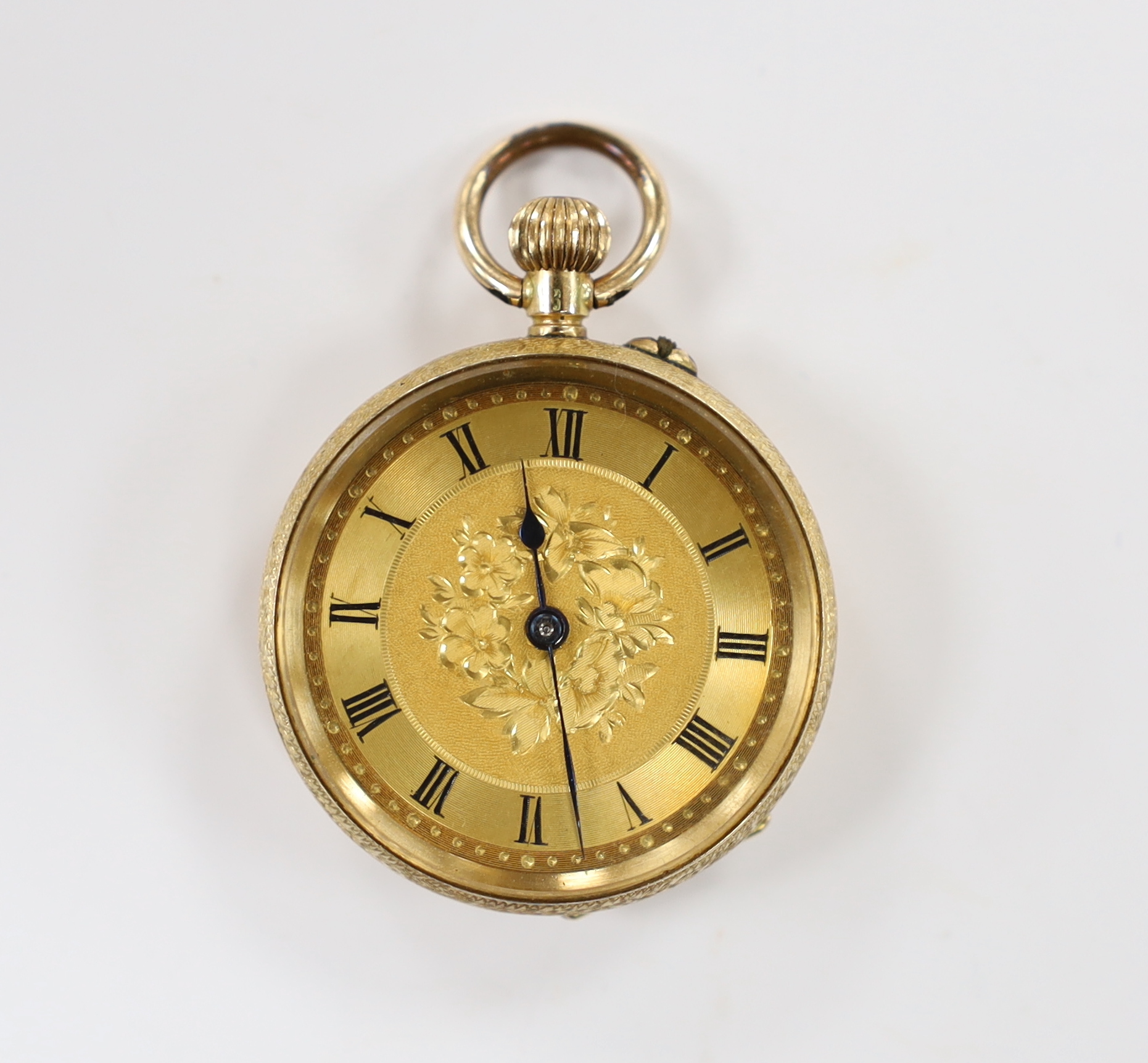 A lady's continental engraved 14k open face keyless fob watch, with Roman dial, gross weight 27.8 grams.